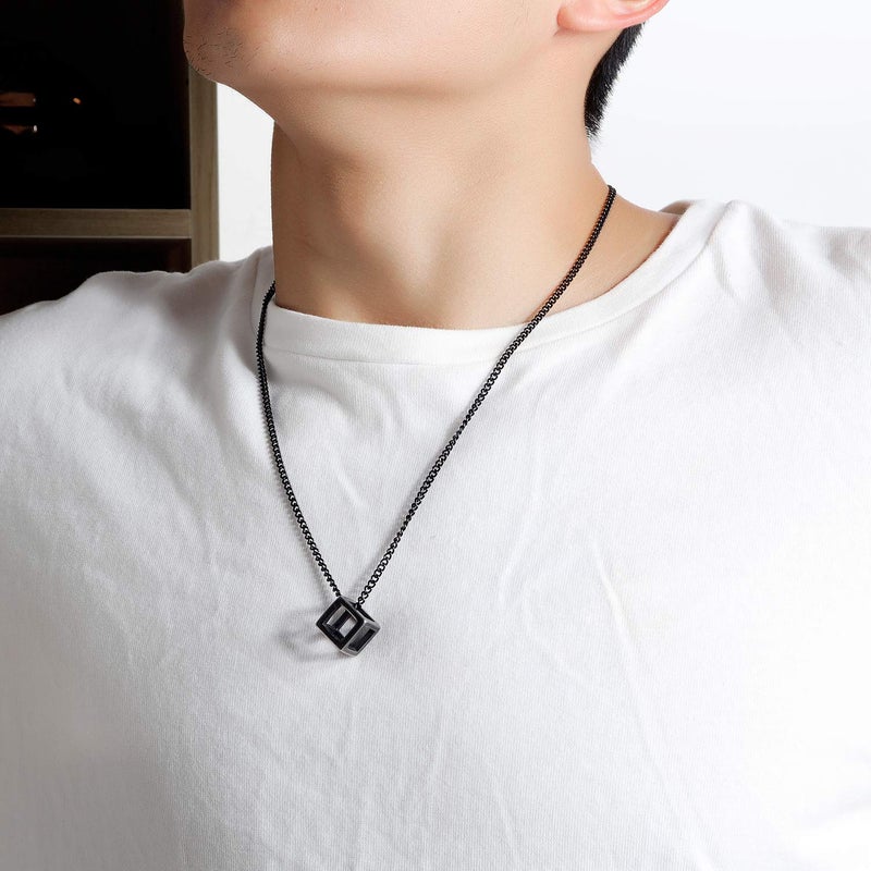 INRENG Men's Women's Stainless Steel Simple Square Hollow Cube Charm Pendant Minimalist Couple Necklace Small, Silver+Black 2pcs - Image 4